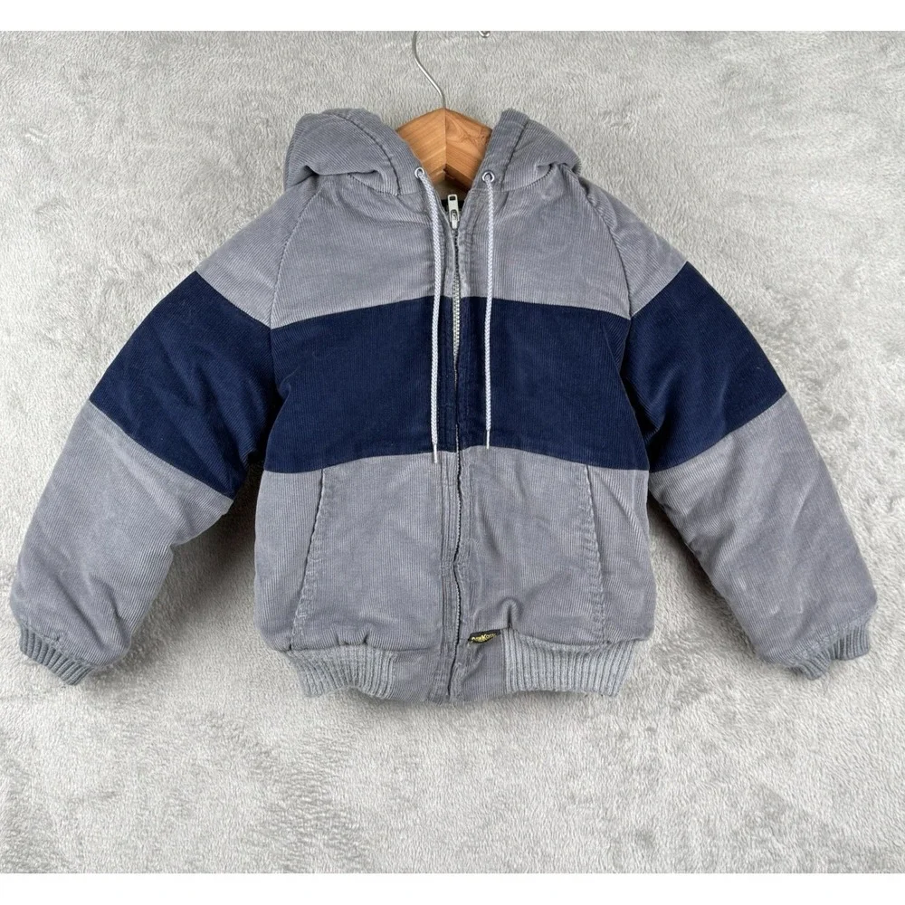 OshKosh Corduroy Hooded Jacket Size 7 Gray Blue USA Made Sherpa Lined Vintage 90